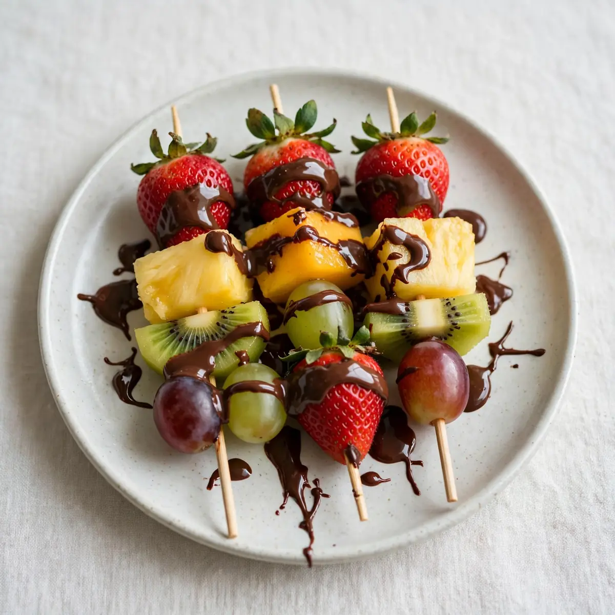 Drizzled Fruit Skewers With Chocolate Sauce