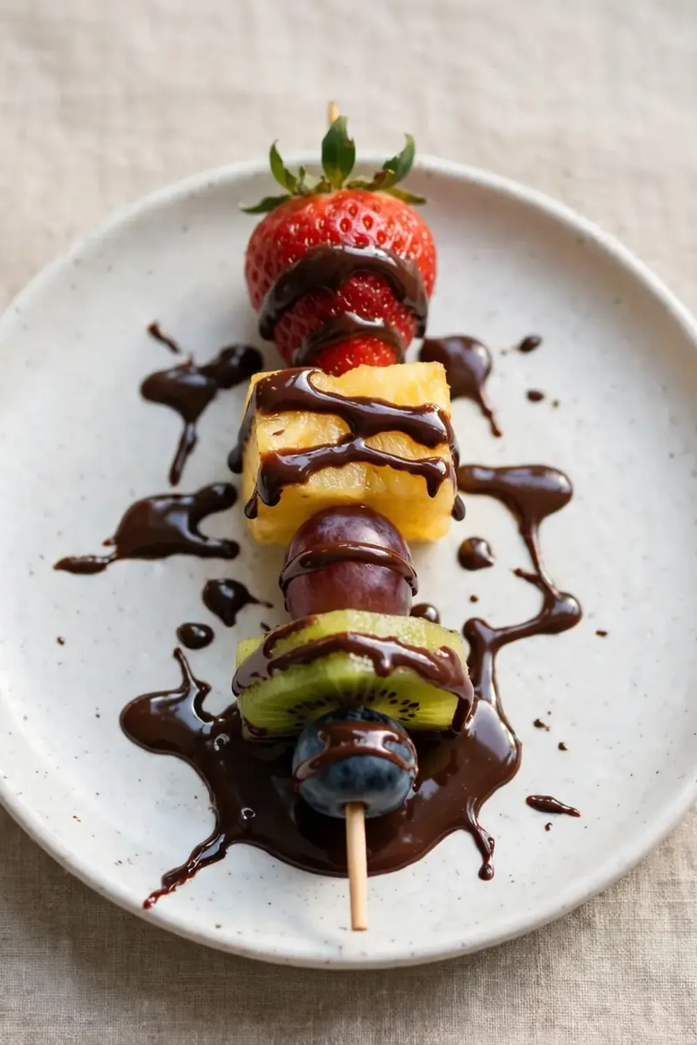 Drizzled Fruit Skewers with Chocolate Sauce