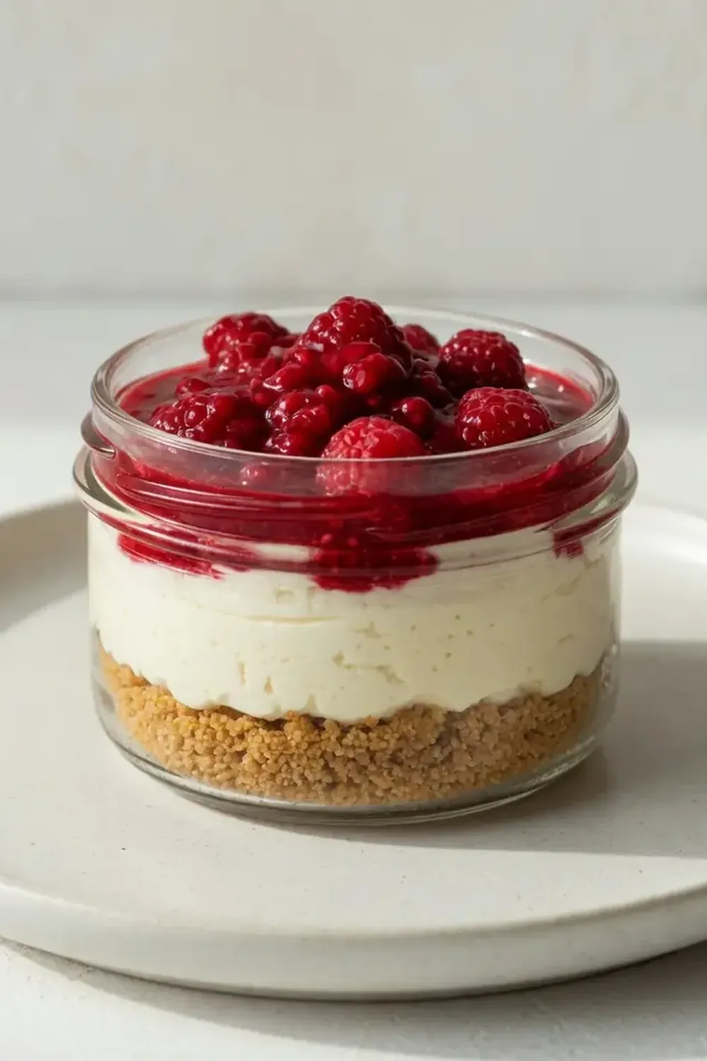 No Bake Cheesecake in a Jar with Raspberry Sauce